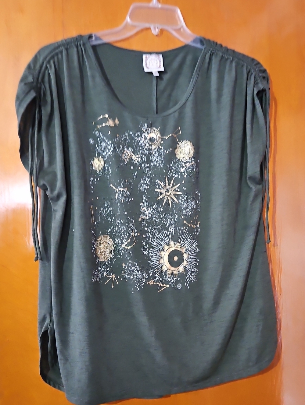 Forest Green Short Sleeve Tee with Metallic Gold Celestial Print